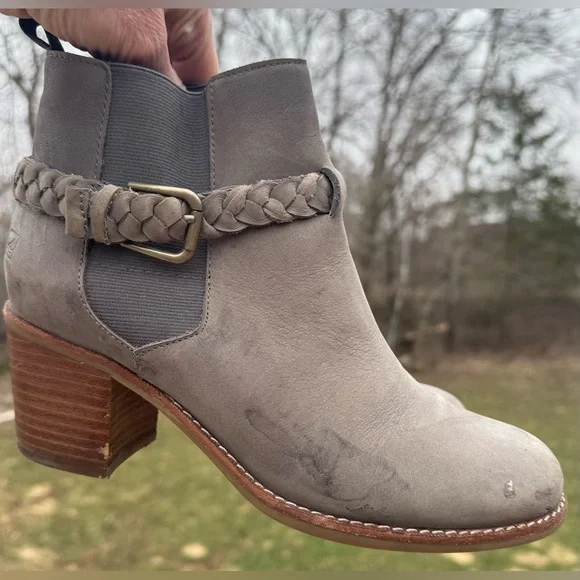Sperry Leather Ankle Boots 8M Taupe Braided Strap Block Heel Chelsea Boho - Picture 6 of 16